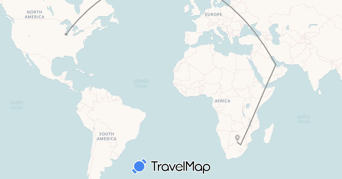TravelMap itinerary: driving, plane in Botswana, Qatar, United States, South Africa (Africa, Asia, North America)